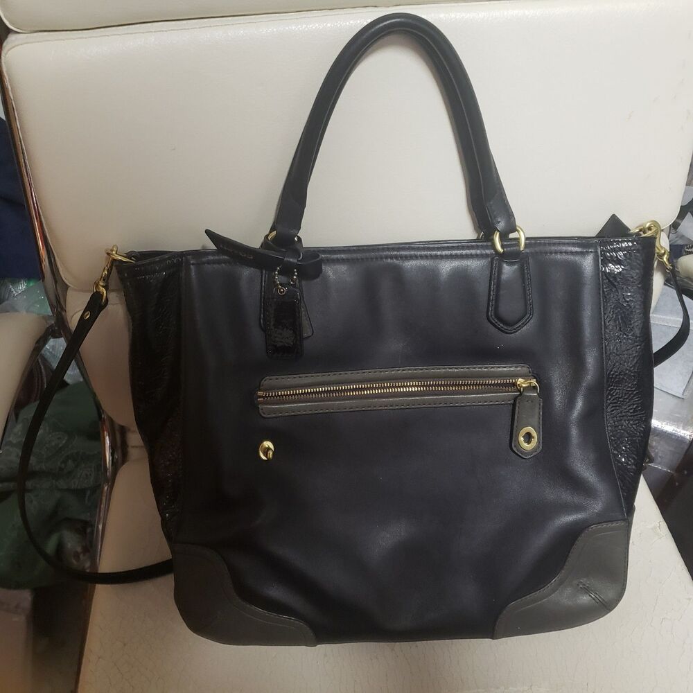 Coach Blaire black Poppy Tote Bag color-blocked leather purse #C1